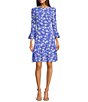 Color:Blue - Image 1 - Floral Print Crew Neck 3/4 Sleeve Flounce Hem A-Line Dress