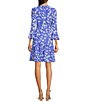 Color:Blue - Image 2 - Floral Print Crew Neck 3/4 Sleeve Flounce Hem A-Line Dress