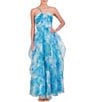 Color:Blue Multi - Image 1 - Floral Print Organza Halter Neck Sleeveless Handkerchief Tiered Dress