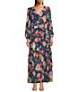 Color:Navy Multi - Image 1 - Floral Print V-Neck Faux Wrap Long Sleeve Maxi Dress