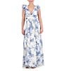 Color:Blue/White - Image 1 - Floral Printed Ruffle Shoulder Side Slit V-Neck Gown