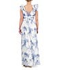 Color:Blue/White - Image 2 - Floral Printed Ruffle Shoulder Side Slit V-Neck Gown