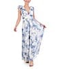 Color:Blue/White - Image 3 - Floral Printed Ruffle Shoulder Side Slit V-Neck Gown