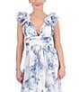Color:Blue/White - Image 4 - Floral Printed Ruffle Shoulder Side Slit V-Neck Gown