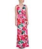 Color:Pink Multi - Image 1 - Floral Satin Surplice V-Neck Sleeveless Twist Front Side Slit A-Line Gown
