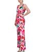 Color:Pink Multi - Image 3 - Floral Satin Surplice V-Neck Sleeveless Twist Front Side Slit A-Line Gown