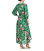 Color:Green - Image 2 - Floral Surplice V-Neck 3/4 Sleeve Faux Wrap Midi Dress