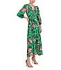 Color:Green - Image 3 - Floral Surplice V-Neck 3/4 Sleeve Faux Wrap Midi Dress