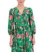 Color:Green - Image 4 - Floral Surplice V-Neck 3/4 Sleeve Faux Wrap Midi Dress