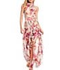 Color:Blush Multi - Image 1 - Halter Neck Floral Print Chiffon Sleeveless Side Slit Cascade Ruffle Maxi Dress
