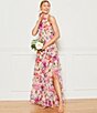 Color:Blush Multi - Image 6 - Halter Neck Floral Print Chiffon Sleeveless Side Slit Cascade Ruffle Maxi Dress