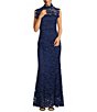 Color:Navy - Image 1 - Illusion Mock Neck Sleeveless Open Back Mermaid Lace Gown