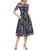 Color:Navy - Image 1 - Illusion Boat Neck Short Sleeve Sequin Embroidered Floral Lace Midi Dress