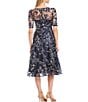 Color:Navy - Image 2 - Illusion Boat Neck Short Sleeve Sequin Embroidered Floral Lace Midi Dress