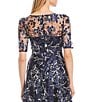 Color:Navy - Image 4 - Illusion Boat Neck Short Sleeve Sequin Embroidered Floral Lace A-Line Midi Dress