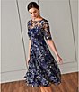 Color:Navy - Image 6 - Illusion Boat Neck Short Sleeve Sequin Embroidered Floral Lace A-Line Midi Dress