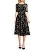 Color:Black - Image 1 - Illusion Boat Neck Short Sleeve Sequin Embroidered Floral Lace A-Line Midi Dress