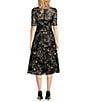 Color:Black - Image 2 - Illusion Boat Neck Short Sleeve Sequin Embroidered Floral Lace A-Line Midi Dress