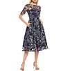 Eliza J Illusion Boat Neck Short Sleeve Sequin Embroidered Floral Lace A-Line Midi Dress, Color:Navy - Image 1