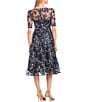 Eliza J Illusion Boat Neck Short Sleeve Sequin Embroidered Floral Lace A-Line Midi Dress, Color:Navy - Image 2