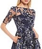 Eliza J Illusion Boat Neck Short Sleeve Sequin Embroidered Floral Lace A-Line Midi Dress, Color:Navy - Image 3