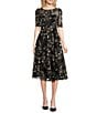 Eliza J Illusion Boat Neck Short Sleeve Sequin Embroidered Floral Lace A-Line Midi Dress, Color:Black - Image 1