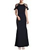 Color:Navy - Image 1 - Round Neck Illusion Cap Sleeve Ruffle Stretch Crepe Mermaid Gown