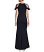 Color:Navy - Image 2 - Round Neck Illusion Cap Sleeve Ruffle Stretch Crepe Mermaid Gown