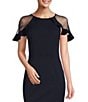 Color:Navy - Image 3 - Round Neck Illusion Cap Sleeve Ruffle Stretch Crepe Mermaid Gown