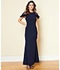 Color:Navy - Image 6 - Round Neck Illusion Cap Sleeve Ruffle Stretch Crepe Mermaid Gown