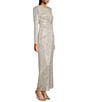Eliza J Long Sleeve Side Rouching Sequin Gown, Color:Silver - Image 6