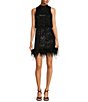 Color:Black - Image 1 - Mock Neck Feather Hem Blouson Waist Sequin Sleeveless Dress