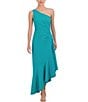 Color:Turquoise - Image 1 - One Shoulder Sleeveless Ruched Side Ruffle Asymmetrical Hem Dress