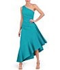 Color:Turquoise - Image 3 - One Shoulder Sleeveless Ruched Side Ruffle Asymmetrical Hem Dress