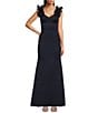 Color:Navy - Image 1 - Petite Size Sleeveless V-Neck Ruffle Shoulder Scuba Fit and Flare Gown