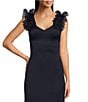 Color:Navy - Image 3 - Petite Size Sleeveless V-Neck Ruffle Shoulder Scuba Fit and Flare Gown