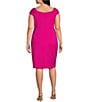 Color:Hot Pink - Image 2 - Plus Size Cap Sleeve Off-The-Shoulder Twist Neck Scuba Sheath Dress