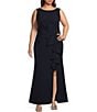 Color:Navy - Image 1 - Plus Size Crepe Sleeveless Boat Neck Front Ruffle Slit A-Line Gown