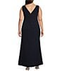 Color:Navy - Image 2 - Plus Size Crepe Sleeveless Boat Neck Front Ruffle Slit A-Line Gown