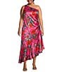 Color:Hot Pink - Image 1 - Plus Size One Shoulder Sleeveless Ruffle Hem Floral Satin Midi Dress