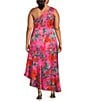 Color:Hot Pink - Image 2 - Plus Size One Shoulder Sleeveless Ruffle Hem Floral Satin Midi Dress