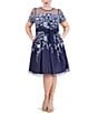 Color:Navy - Image 1 - Plus Size Short Sleeve Illusion Crew Neck Tie Waist Embroidered Dress