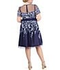 Color:Navy - Image 2 - Plus Size Short Sleeve Illusion Crew Neck Tie Waist Embroidered Dress