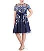 Color:Navy - Image 3 - Plus Size Short Sleeve Illusion Crew Neck Tie Waist Embroidered Dress