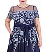 Color:Navy - Image 4 - Plus Size Short Sleeve Illusion Crew Neck Tie Waist Embroidered Dress