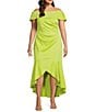Color:Lime - Image 1 - Plus Size Short Sleeve Off The Shoulder High/Low Midi Dress