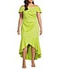 Eliza J Plus Size Short Sleeve Off The Shoulder High/Low Midi Dress, Color:Lime - Image 1