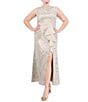 Color:Champagne - Image 1 - Plus Size Sleeveless Boat Neck Front Gathered Ruffle Sequin Lace Gown