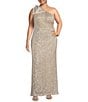 Color:Champagne - Image 1 - Plus Size Sleeveless One Shoulder Satin Bow Sequin Gown