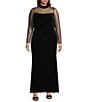 Eliza J Plus Size Velvet Mesh Illusion Mock Neck Long Sleeve Waist Pleats Gown, Color:Black - Image 1